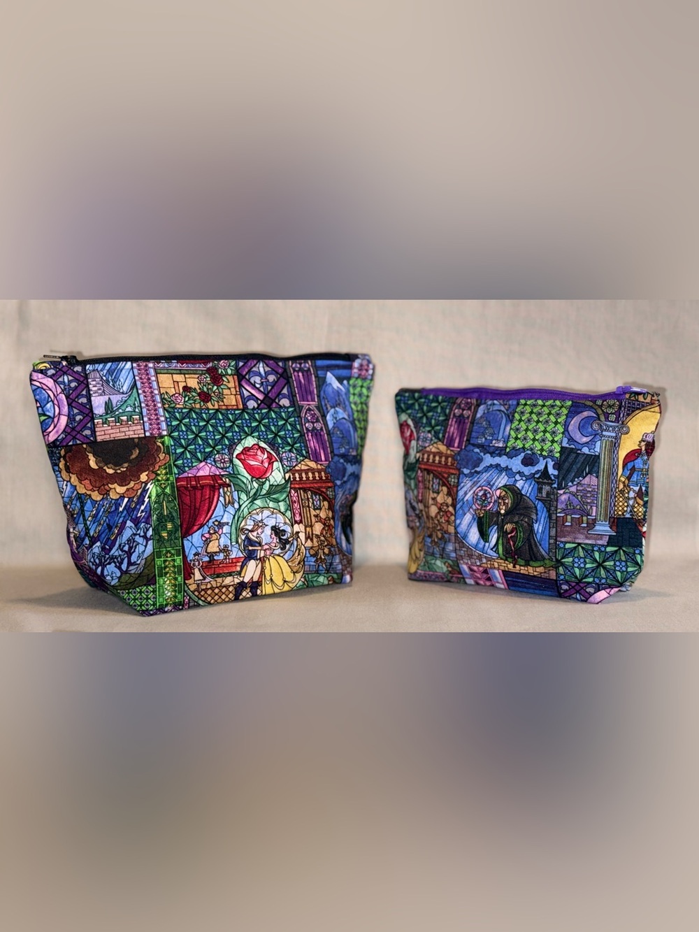 Stained Glass Inspired Beauty and Beast Cosmetic Bag Set